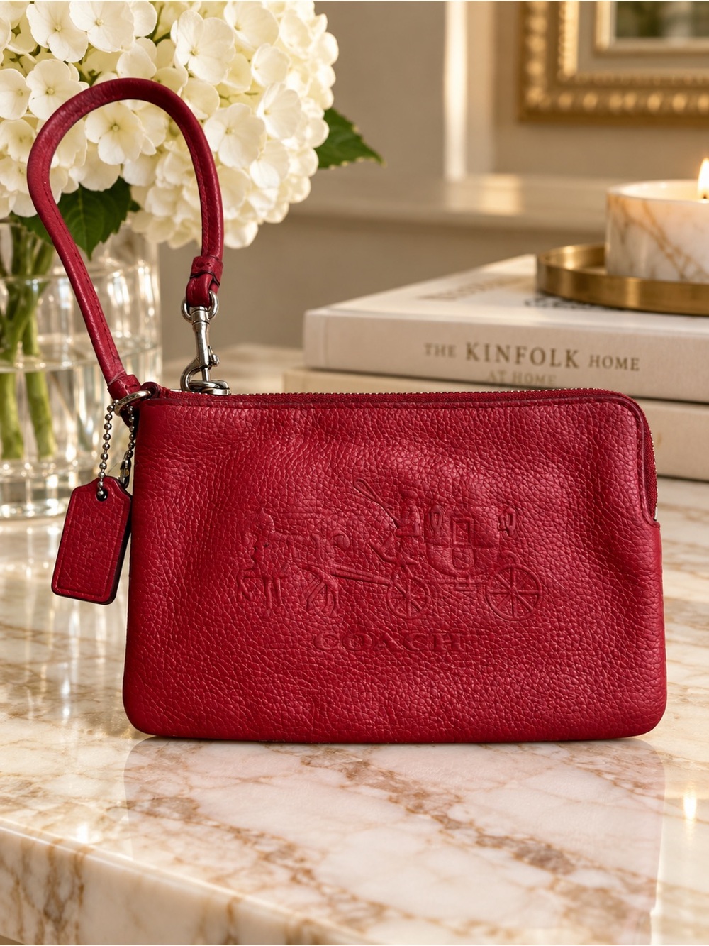 Coach 52500 Red Pebbled Leather Horse & Carriage L-Zip Wristlet